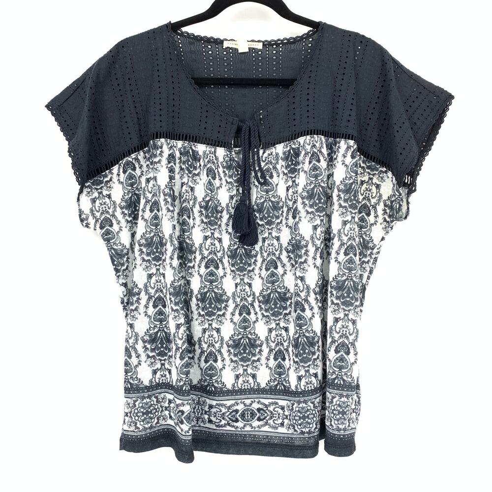 Farmers Market Boho Tie Neck Blouse Womens Size Large Black White Damask Print
